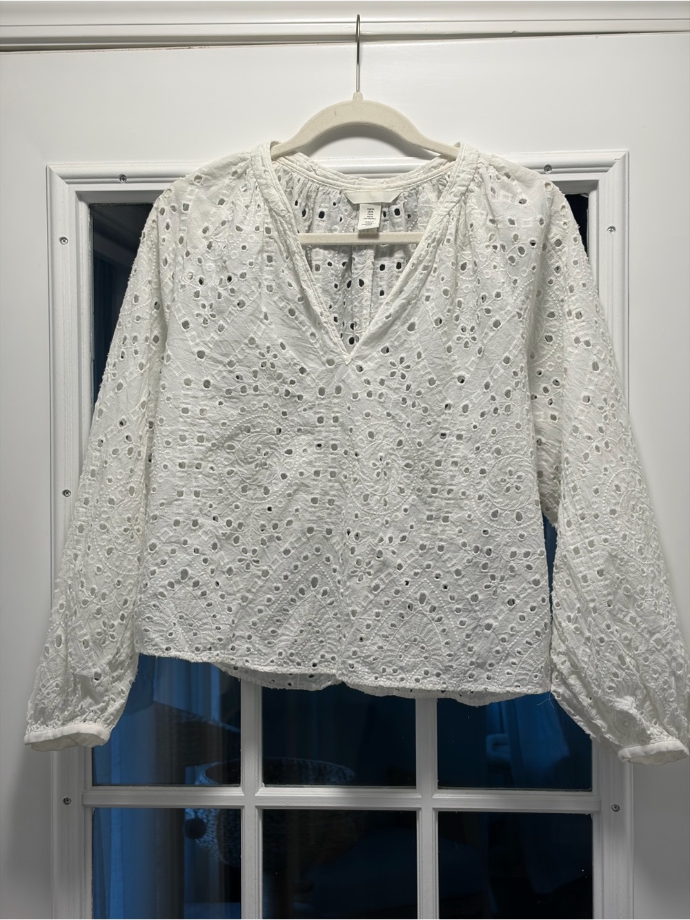 H&M White Eyelet V-Neck Long Sleeve Blouse